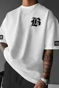 Erkek LB Baskılı Tişört Bisiklet Yaka Kısa Kol T-shirt - Beyaz