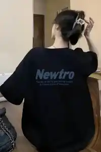 Kadın Tişört Newtro Baskılı Oversize Bisiklet Yaka T-shirt - Siyah