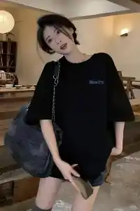 Kadın Tişört Newtro Baskılı Oversize Bisiklet Yaka T-shirt - Siyah