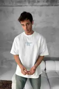 Erkek Ön ve Arka Baskılı T-Shirt Kısa Kol Bisiklet Yaka Regular Fit Tişört - Beyaz