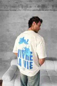 Erkek Ön ve Arka Baskılı T-Shirt Kısa Kol Bisiklet Yaka Regular Fit Tişört - Beyaz
