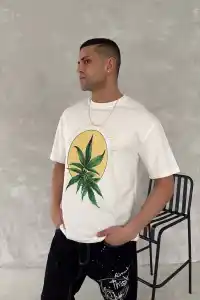 Erkek Kısa Kol Yazlık Tişört Bisiklet Yaka Baskılı Oversize T-Shirt - Beyaz