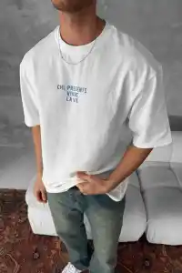 Erkek Ön ve Arka Baskılı T-Shirt Kısa Kol Bisiklet Yaka Regular Fit Tişört - Beyaz
