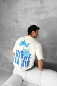 Erkek Ön ve Arka Baskılı T-Shirt Kısa Kol Bisiklet Yaka Regular Fit Tişört - Beyaz
