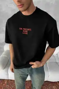 Erkek Ön ve Arka Baskılı T-Shirt Kısa Kol Bisiklet Yaka Regular Fit Tişört - Siyah