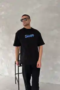 Erkek Ön ve Arka Baskılı T-Shirt Kısa Kol Bisiklet Yaka Regular Fit Tişört - Siyah