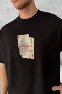 ERKEK Tişört Kısa Kol Ön ve Arka Baskılı Oversize Bisiklet Yaka T-shirt - Siyah