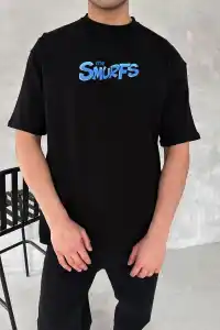 Erkek Ön ve Arka Baskılı T-Shirt Kısa Kol Bisiklet Yaka Regular Fit Tişört - Siyah
