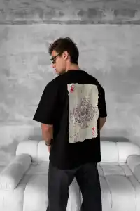 ERKEK Tişört Kısa Kol Ön ve Arka Baskılı Oversize Bisiklet Yaka T-shirt - Siyah
