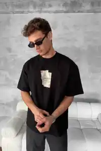 ERKEK Tişört Kısa Kol Ön ve Arka Baskılı Oversize Bisiklet Yaka T-shirt - Siyah