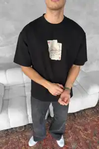 ERKEK Tişört Kısa Kol Ön ve Arka Baskılı Oversize Bisiklet Yaka T-shirt - Siyah