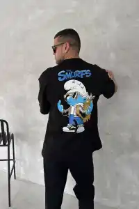 Erkek Ön ve Arka Baskılı T-Shirt Kısa Kol Bisiklet Yaka Regular Fit Tişört - Siyah