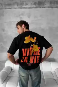 Erkek Ön ve Arka Baskılı T-Shirt Kısa Kol Bisiklet Yaka Regular Fit Tişört - Siyah
