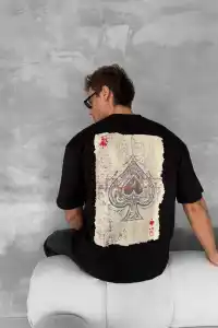 ERKEK Tişört Kısa Kol Ön ve Arka Baskılı Oversize Bisiklet Yaka T-shirt - Siyah
