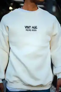 Erkek Bisiklet Yaka 3 İplik pamuklu Baskılı SweatShirt - Beyaz