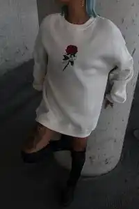 Kadın 3 iplik Pamuklu Bisiklet Yaka GÜL Baskılı SweatShirt - BeyazBeyaz