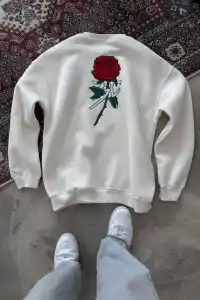 Kadın 3 iplik Pamuklu Bisiklet Yaka GÜL Baskılı SweatShirt - BeyazBeyaz