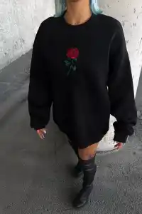 Kadın Oversize Kapüşonlu Cepli GÜL Baskılı 3 İplik Pamuklu Hoodie Sweatshirt - Siyah