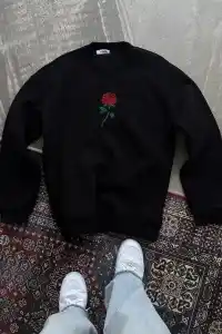 Kadın Oversize Kapüşonlu Cepli GÜL Baskılı 3 İplik Pamuklu Hoodie Sweatshirt - Siyah