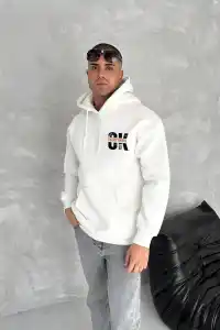 Erkek Kapüşonlu Kanguru Cepli Sweatshirt 3 İplik Pamuklu Baskılı Hoodie - Beyaz