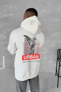 Erkek Kapüşonlu Kanguru Cepli Sweatshirt 3 İplik Pamuklu Baskılı Hoodie - Beyaz