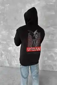 Erkek Kapüşonlu Kanguru Cepli Sweatshirt 3 İplik Pamuklu Baskılı Hoodie - Siyah