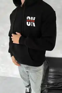 Erkek Kapüşonlu Kanguru Cepli Sweatshirt 3 İplik Pamuklu Baskılı Hoodie - Siyah