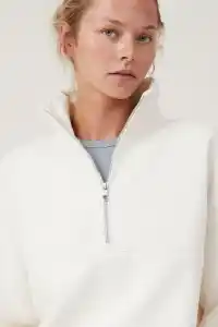 Kadın 3 İplik Pamuklu Oversize Yarım Fermuarlı Yakalı Basic Sweatshirt - Beyaz