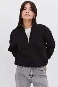 Kadın 3 İplik Pamuklu Oversize Yarım Fermuarlı Yakalı Basic Sweatshirt - Siyah