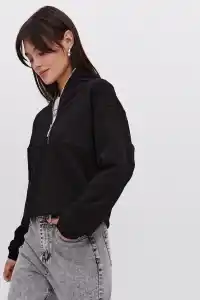 Kadın 3 İplik Pamuklu Oversize Yarım Fermuarlı Yakalı Basic Sweatshirt - Siyah