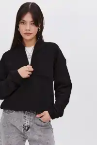 Kadın 3 İplik Pamuklu Oversize Yarım Fermuarlı Yakalı Basic Sweatshirt - Siyah