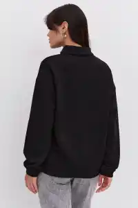 Kadın 3 İplik Pamuklu Oversize Yarım Fermuarlı Yakalı Basic Sweatshirt - Siyah