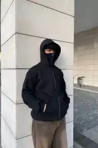 Samuray Ninja Çift Kapşonlu ZIP Fermuarlı Kanguru Çepli Tam Fermuarlı Hoodie Swetshirt - Siyah