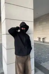 Samuray Ninja Çift Kapşonlu ZIP Fermuarlı Kanguru Çepli Tam Fermuarlı Hoodie Swetshirt - Siyah