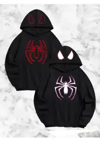 Sevgili Çift Kombini Örümcek Baskılı Kapüşonlu Sweatshirt Hoodie - Siyah