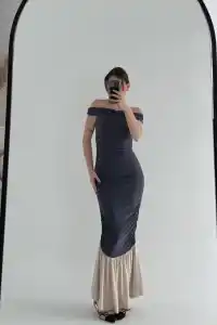 Kadın Striptiz Omuzlu Uzun Elbise- Füme