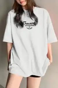 Kadın Baskılı Tişört Bisiklet yaka yazlık Kısa Kol oversize t-shirt - Beyaz