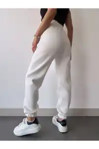 Kadın 3 iplik Pamuklu Paça Lastikli Eşofman Pantolon - Beyaz