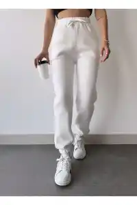 Kadın 3 iplik Pamuklu Paça Lastikli Eşofman Pantolon - Beyaz
