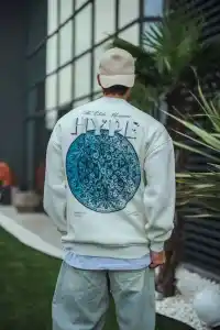 Erkek 3 İplik Pamuklu Bisiklet Yaka Baskılı SweatShirt - Beyaz