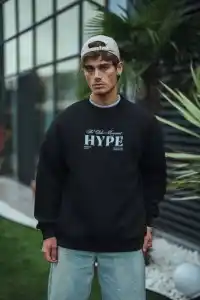 Erkek 3 İplik Pamuklu Bisiklet Yaka Baskılı SweatShirt - Siyah