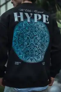 Erkek 3 İplik Pamuklu Bisiklet Yaka Baskılı SweatShirt - Siyah