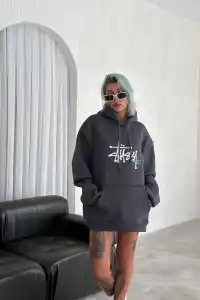 Kadın Oversize Kapüşonlu Cepli Baskılı 3 İplik Pamuklu Hoodie Sweatshirt - Füme