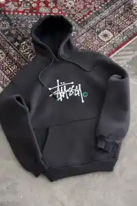 Kadın Oversize Kapüşonlu Cepli Baskılı 3 İplik Pamuklu Hoodie Sweatshirt - Füme