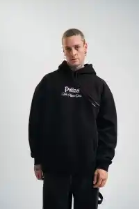 Erkek 3 İplik Pamuklu Kapüşonlu Baskılı Cepli Oversize Sweatshirt Hoodie - Siyah