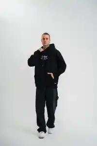 Erkek 3 İplik Pamuklu Kapüşonlu Baskılı Cepli Oversize Sweatshirt Hoodie - Siyah