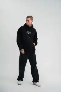 Erkek 3 İplik Pamuklu Kapüşonlu Baskılı Cepli Oversize Sweatshirt Hoodie - Siyah
