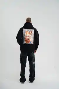 Erkek 3 İplik Pamuklu Kapüşonlu Baskılı Cepli Oversize Sweatshirt Hoodie - Siyah