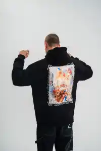Erkek 3 İplik Pamuklu Kapüşonlu Baskılı Cepli Oversize Sweatshirt Hoodie - Siyah