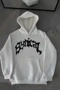 Kadın Kapüşonlu Kanguru Cepli Sweatshirt 3 İplik Pamuklu Baskılı Hoodie -  Beyaz